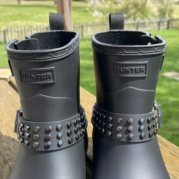 Hunter Sz 7 Black Refined Stud Biker Rubber Rain Bootie Ankle Boots - Picture 7 of 15